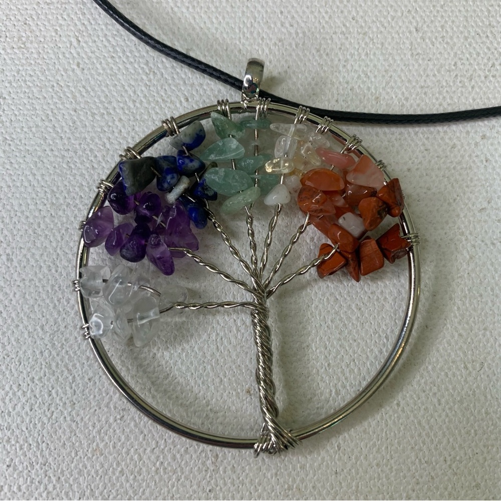 7 Chakra Stone Crystal Tree of Life Wire Wrapped Pendant Necklace Silver Tone 2" - Picture 3 of 7